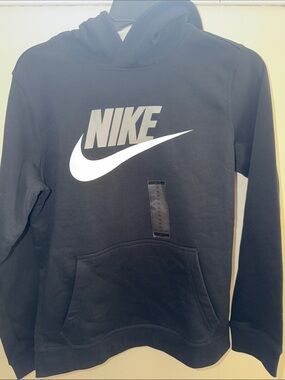 Nike Black Hoodie with White Swoosh & Logo - kids Pullover